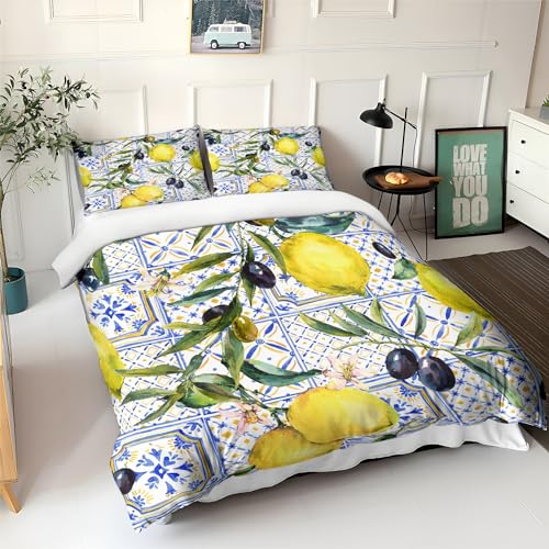Mediterraner Stil & Zitrone 135 x 200 cm Bettwäsche Set mit Reißverschluss Multi für Jungen Mädchen Mikrofaser Betten Set, Bettbezug mit 2 Kissenbezug von Srigzcaly