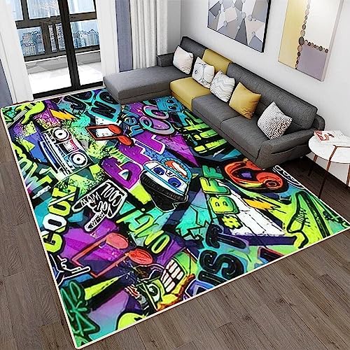 Hip-Hop Graffiti Teppiche, Weicher & Bequemer Teppich 160x230 cm Bunter Street Art Design, Urban Style, Kinderzimmerteppich rutschfest & Pflegeleicht Für Schlafzimmer, Wohnzimmer, Küche & Esszimmer von Srigzcaly