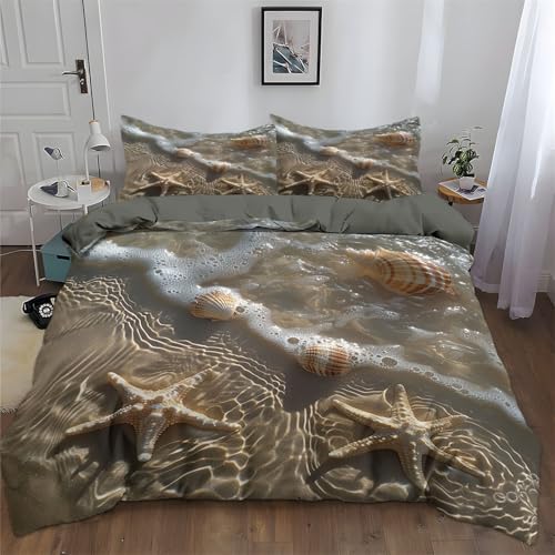 Srigzcaly Muscheln Von Seesternen Am Strand 135 x 200 cm Bettwäsche Set mit Reißverschluss Braun für Jungen Mädchen Mikrofaser Betten Set, Bettbezug mit 2 Kissenbezug von Srigzcaly
