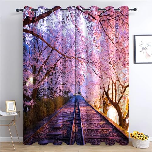 Srigzcaly Rosa KirschblüTenpfad-Landschaft, Wohnzimmer Verdunklungsvorhänge 2er Set 150x166cm(BxH) Waschmaschinenfest Anti Fade Wärmeisolierend Vorhänge von Srigzcaly