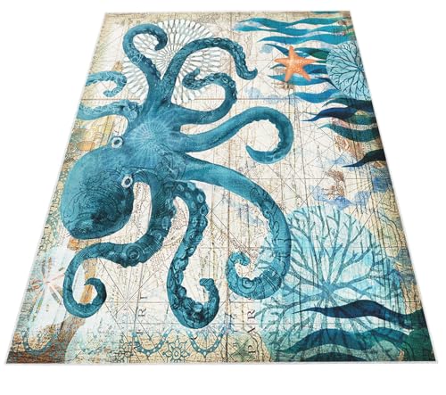 Srigzcaly Superweiche rutschfeste Fusselfreie Teppich 160x230cm, Waschbare Teppiche Meerestier-Oktopus-Muster Hypoallergene Flanell Teppich für Schlafzimmer Kinderzimmer Wohnzimmer von Srigzcaly