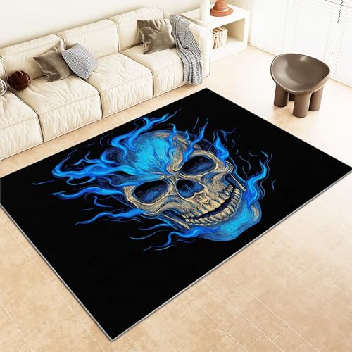 Srigzcaly Superweicher Teppich kinderzimmer 60x90cm Blauer HorrorflammenschäDel Antirutsch Teppich Schlafzimmer-Rechteckteppich, Schwarz Wohnzimmer-Teppich Balkon-Bodenmatte kinderteppich von Srigzcaly