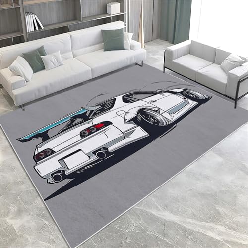Srigzcaly Teppich Wohnzimmer, Comic-Stil Sportwagen-Weiß Teppiche rutschfest Waschbar Grau Teppiche Kurzflor für Schlafzimmer Kinderzimmer, Weiche Flanell Teppich 120x180cm von Srigzcaly