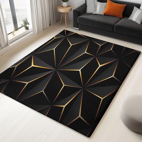 Srigzcaly Teppich Wohnzimmer, Teppiche rutschfest Waschbar in Outdoor 160 X 230 cm Dreidimensionales Geometrisches Schwarz-Gold-Design Teppiche Kurzflor mit Teppich für Schlafzimmer Wohnzimmer von Srigzcaly