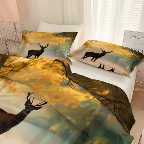 Srigzcaly Tier Herbstwald Hirsch Bettwäsche 155x220 cm Set 3 Teilig, Gelb Wendebettwäsche mit Reißverschluss - Weich Mikrofaser Bettbezug und 2 Kissenbezüge 80x80cm von Srigzcaly