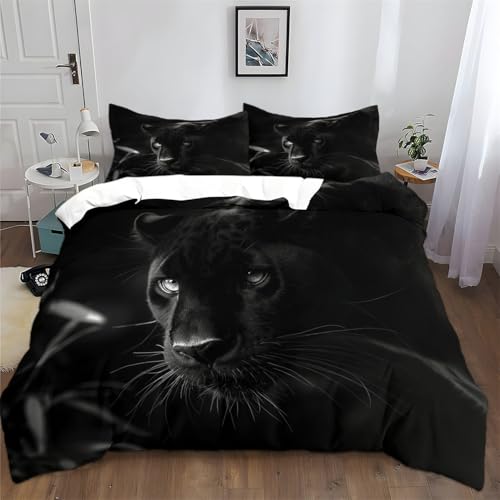 Srigzcaly Tier Schwarzer Panther 135 x 200 cm Bettwäsche Set mit Reißverschluss Schwarz für Jungen Mädchen Mikrofaser Betten Set, Bettbezug mit 2 Kissenbezug von Srigzcaly