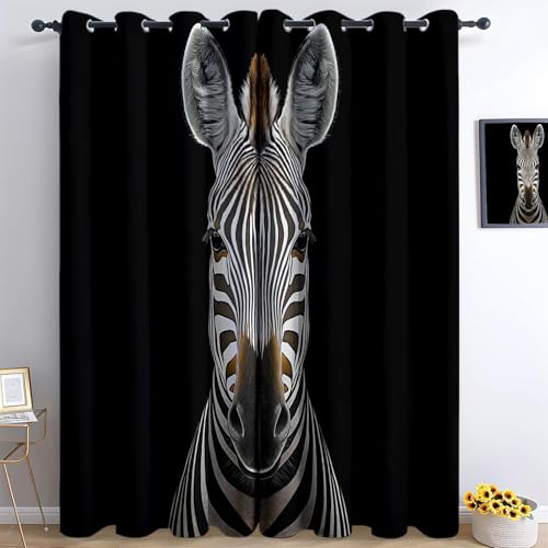 Srigzcaly Verdunkelungsvorhänge mit Ösen Tier Zebra Porträt Thermovorhänge Kälteschutz Sonnenschutz Blickdichte Gardinen für Schlafzimmer Wohnzimmer, Schwarz 166 x 75 cm(H x B),2er Set von Srigzcaly
