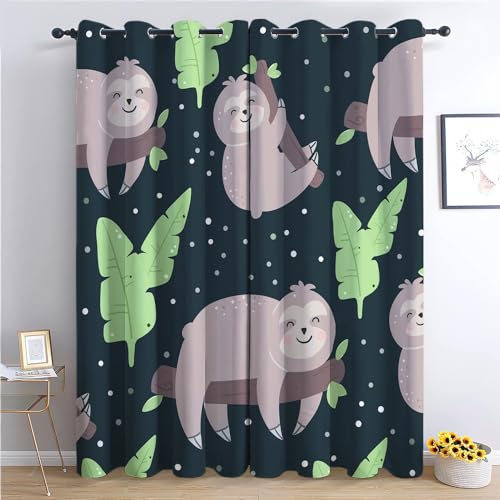 Srigzcaly Verdunklungsvorhänge mit Ösen Thermovorhang 2er Set Gardinen 220x215cm(BxH) Niedliches Cartoon-Faultier Polyester Blickdichte Vorhänge für Wohnzimmer Schlafzimmer Kinderzimmer von Srigzcaly