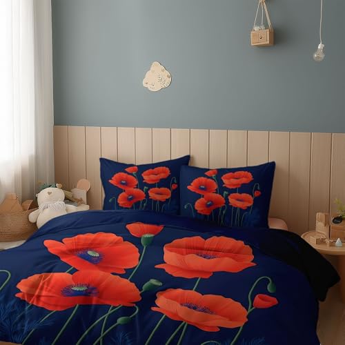 Srigzcaly Vintage Mohnblume Pflanze Blume Bettwäsche 155 X 220 cm Set 3 Teilig, Dunkelblau Öko Tex Wendebettwäsche Weich Mikrofaser Bettbezug Und 2 Kissenbezüge 80X80Cm Mit Reißverschluss von Srigzcaly