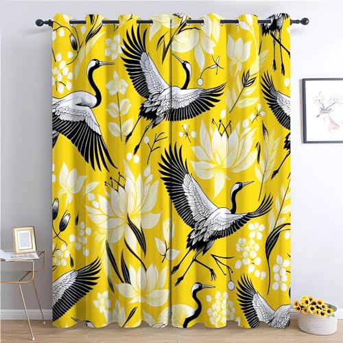 Srigzcaly Tiere Kranich Pflanzen Blumen 150x166cm(BxH) Verdunkelungsvorhang Blickdichte Vorhänge Fensterdekoration Gelb Vorhang Für Kinderzimmer Schlafzimmer Wohnzimmer von Srigzcaly