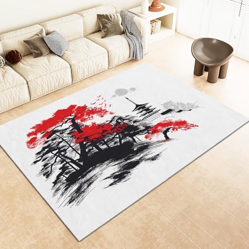 Teppich Kinderzimmer, Teppiche rutschfest Waschbar 120x180cm Tuschemalerei Im Japanischen Stil Roter Baum Teppiche Flanell Kurzflor Schmücken - Weiß Teppich für Schlafzimmer Eingangsmatte von Srigzcaly