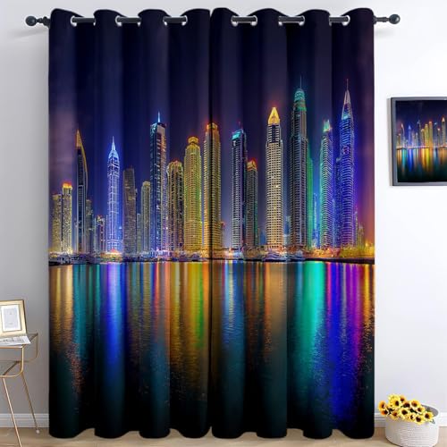 Wolkenkratzer in der Stadt bei Nacht Vorhänge Ösen H 166 x B 75 cm (2er Pack) Surrealismus Schallschutz Kälteschutz Wärmeisolierende Polyester Blickdicht Vorhänge für Wohnzimmer Schlafzimmer Gardinen von Srigzcaly