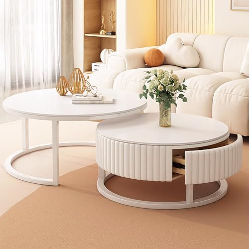 2er Set Couchtisch Rund Weiss 50+70cm Wohnzimmertisch Weiß Runder Couchtisch Mit Stauraum Marmor Beistelltisch Stabilem Metallgestel Satztische Fürs Wohnzimmer Einfache Aufbau Für Schlafzimmer Büro von Srklnvcxel