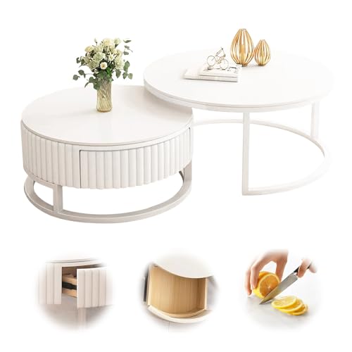 50+70cm Couchtisch Weiß Rund 2er Set Runder Couchtisch Mit Stauraum Wohnzimmertisch Geräuschloser Schieber Marmor Couchtisch Stabilem Metallgestell Nested Beistelltisch Satztische Fürs Wohnzimmer von Srklnvcxel