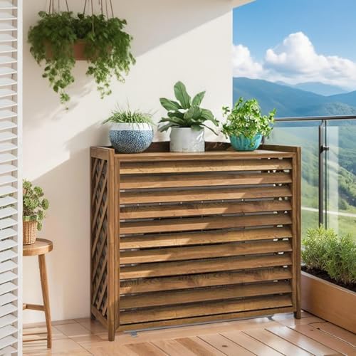 Klimaanlage Abdeckung Holz Wärmepumpe Verkleidung Balkon Sichtschutz Holz Blumenständer Draußen Klimaanlage Abdeckung Außengerät Gartenregal Wetterfest Blumenständer Massivholz(100x44x93cm) von Srklnvcxel