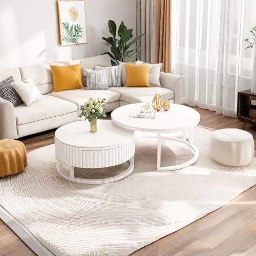 Rund Couchtisch Weiß Wohnzimmer Tisch 2 in 1 Satztische 2er Set Modern Beistelltisch Mit Leisen Schublade Kaffeetisch Mit Metallfüßen 50+70cm Felsplatte Couchtisch Pour Wohnzimmer Schlafzimmer Büro von Srklnvcxel