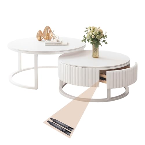 Runder Couchtisch Weiß 2er Set Satztische Fürs Wohnzimmer 50+70cm Wohnzimmertisch Rund Marmor Couchtisch Mit Stauraum Nested Beistelltisch Stabilem Metallgestel Kaffeetisch Mit Montageanleitung von Srklnvcxel
