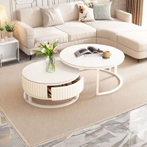 Runder Couchtisch Weiß Satztische 50+70cm 2er Set Wohnzimmertisch Moderne Beistelltisch Mit Stauraum Couchtische Stabilem Metallgestell Sofatisch Rock Slab Tischplatte Kaffeetisch Leise Rutsche von Srklnvcxel