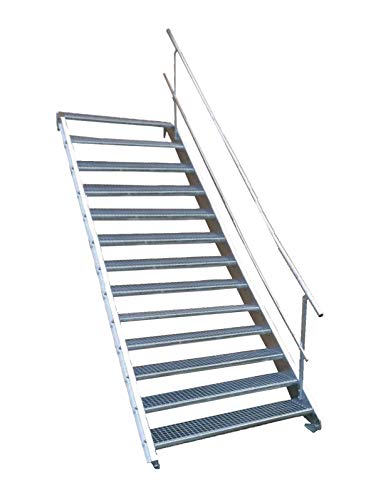 13 Stufen Stahltreppe mit einseitigem Geländer/Breite 110cm Geschosshöhe 195-260cm / Robuste Außentreppe/Wangentreppe/Stabile Industrietreppe für den Außenbereich/Inklusive Zubehör von Srm-Design