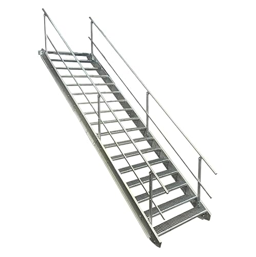 17 Stufen Stahltreppe mit beidseitigem Geländer/Breite 110cm Geschosshöhe 282-350cm / Robuste Außentreppe/Wangentreppe/Stabile Industrietreppe für den Außenbereich/Inklusive Zubehör von Srm-Design