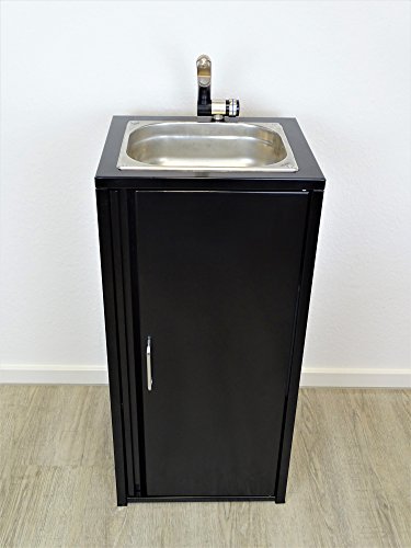 Srm-Design Freistehendes Waschbecken Schwarz, 40 cm x 35 cm x 84 cm, Cottage-Stil, Kunststoff, Gitter-Ablauf, Sofort einsatzbereit, Handwaschbecken Waschstation Camping/ + Küchenrollenhalter von Srm-Design