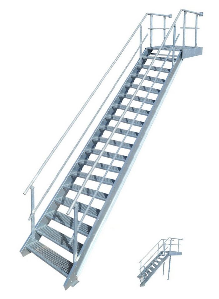 SRM Design Außentreppe 17 Stufen + Podesttreppe beids. Geländer breite 100cm höhe 299-360cm von Srm Design