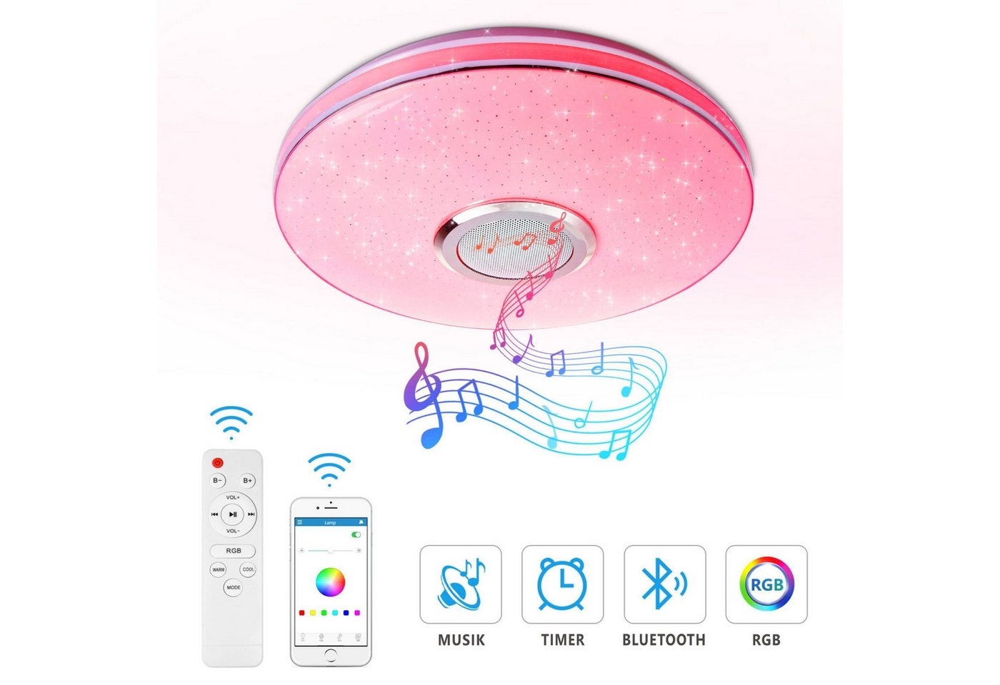 Sross LED Deckenleuchte LED Deckenleuchte Dimmbar mit Bluetooth Lautsprecher, 36W,Fernbedienung oder APP-steuerung,RGB Farbwechsel von Sross
