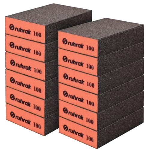 Sruhrak Schleifblock 12 Stück Hart Schleifschwamm, 100 Körnung Nass-Trocken-Wiederverwendbare Schleifpad für Holz, Kunststoff, Gipskarton und Metallpolitur von Sruhrak