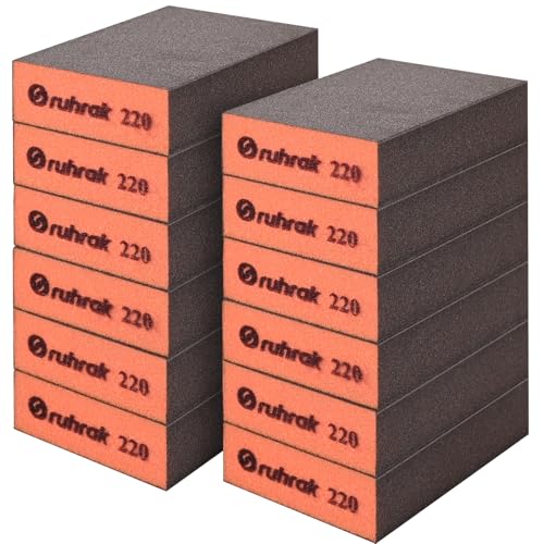 Sruhrak Schleifblock 12 Stück Hart Schleifschwamm, 220 Körnung Nass-Trocken-Wiederverwendbare Schleifpad für Holz, Kunststoff, Gipskarton und Metallpolitur von Sruhrak