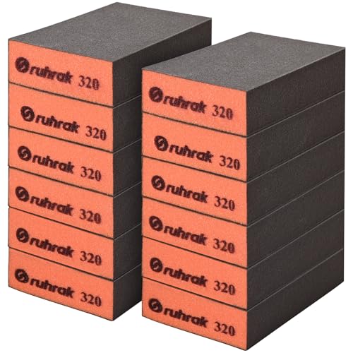 Sruhrak Schleifblock 12 Stück Hart Schleifschwamm, 320 Körnung Nass-Trocken-Wiederverwendbare Schleifpad für Holz, Kunststoff, Gipskarton und Metallpolitur von Sruhrak