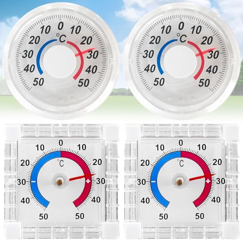 Srup 4 Stück Transparent Selbstklebend Analog Fensterthermometer, Transparent Außenthermometer, Selbstklebendes Fensterthermometer, Fensterscheibe Temperaturanzeige (quadratisch rund, -50℃ bis 50℃) von Srup