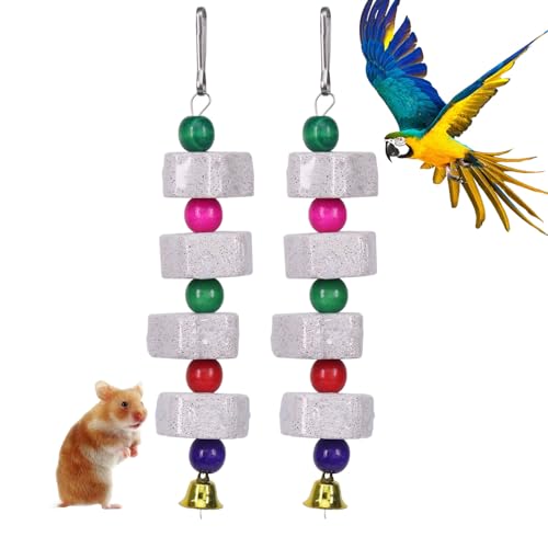 Srvauyea 2 Stück Vogel Kauspielzeug, Mineralstein-Backenzahn-Spielzeug, Vogelschnabel-Schleifstein, Schleifen Kalziumstein Knabbersteinchen mit Glocke für Papageien Kakadu Sittich Wellensittich von Srvauyea