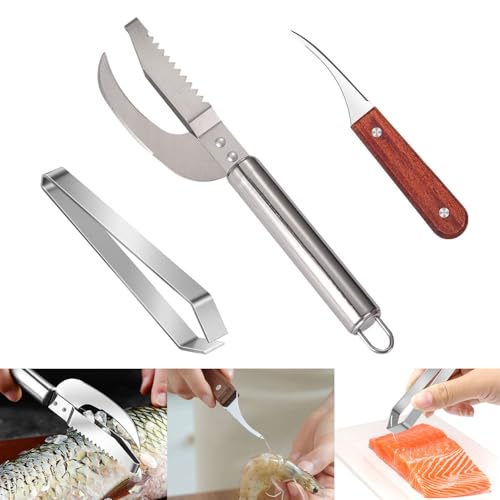 Srvauyea 3 Stück Fischschuppenentferner, Fischschuppen Entferner, Fischschuppenschaber Edelstahl, Fischschupper Schaber mit Fischgrätenzange und Garnelenschäler für Schneiden Entschuppen und Ausnehmen von Srvauyea