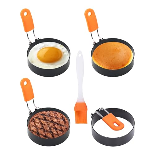 Srvauyea 4 Stück Eierringe, 3 Zoll Edelstahl Spiegeleiform Ei Ring, Eierringe Edelstahl Mit Ölpinsel, Antihaft Pancake Form Egg Ring, Spiegeleiform mit Klappgriffen für Spiegeleier Hackbraten Omeletts von Srvauyea