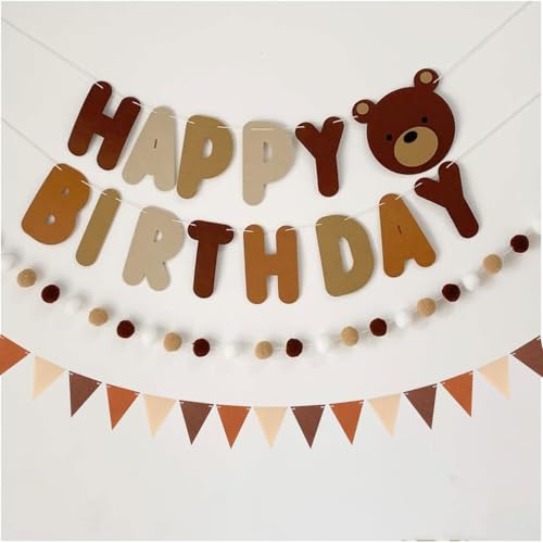 Srvauyea Bär Happy Birthday Girlande Banner, Braune Bär Girlande Geburtstag, Braun Bär Geburtstag Banner Set, Niedlich Pompom Girlande, Happy Birthday Deko für Erwachsene, Kinder, Mädchen, Frauen von Srvauyea