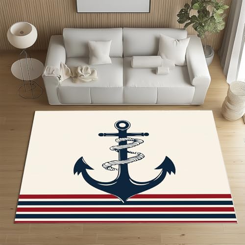 Sshjfeu Anker Seil Nautische Teppich Waschbar Antirutsch Kurzflor, Maritime Meer Teppich Wohnzimmer 120x180 cm Weich, Einfache Vintage Teppiche Schlafzimmer, Kinderzimmer, Kinderteppich von Sshjfeu