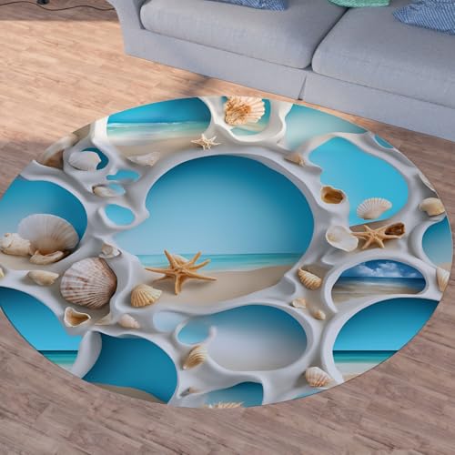 Sshjfeu Blau Meer Teppich Schlafzimmer, Muscheln Seestern Teppich Rund 100cm, Marine Meer Teppiche Waschbar In Waschmaschine, Kurzflor, rutschfest, Runder Teppiche von Sshjfeu