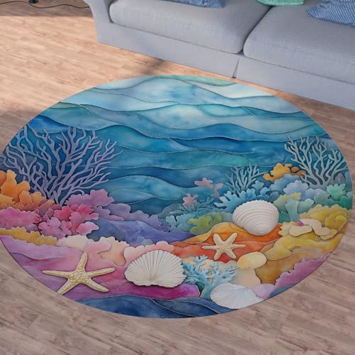 Sshjfeu Blau Meer Wellig Teppich Rund 120cm, Muscheln Seestern Korallenriff Teppiche rutschfest Runder Kurzflor Waschbar, Meereswelt Rund Teppiche Weich, Runder Teppich for Wohnzimmer Schlafzimmer von Sshjfeu