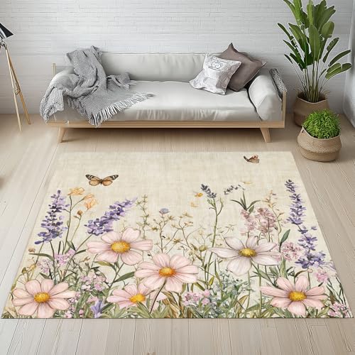 Sshjfeu Blumen Frühling Fussmatte Innen Outdoor Teppich, Idyllische Rustikaler Teppiche Kurzflor Waschbar rutschfest 80x150, Botanische Floral Fussmatte Aussen Schmutzfangmatte, Kleiner Teppich von Sshjfeu