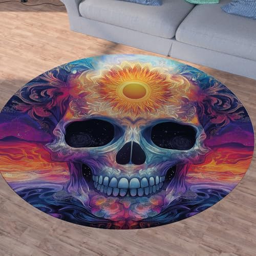 Sshjfeu Boho Totenkopf Teppich Schlafzimmer, Horror Skull Teppich Rund 100cm, Fantasie Skelett Teppiche Waschbar In Waschmaschine, Kurzflor, rutschfest, Runder Teppiche von Sshjfeu