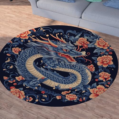 Sshjfeu Chinesischer Drache Teppich Rund 160cm, Jahrgang Blumen Teppiche rutschfest Runder Kurzflor Waschbar, Retro Traditioneller Rund Teppiche Weich, Runder Teppich for Wohnzimmer Schlafzimmer von Sshjfeu