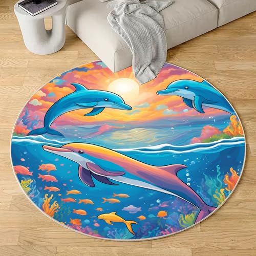 Sshjfeu Delfin Fisch Meerestiere Teppich Schlafzimmer, Marine Themed Teppich Rund 100cm, Blau Meer Teppiche Waschbar In Waschmaschine, Kurzflor, rutschfest, Runder Teppiche von Sshjfeu