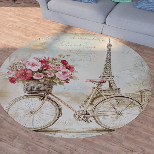 Sshjfeu Eiffelturm Blumen Runder Teppiche, Waschbarer Teppich Rund 60cm, Floral Fahrrad Teppich Klein, Kurzflor, rutschfest, Retro Nostalgische Teppiche Schlafzimmer Wohnzimmer, Kinderzimmer von Sshjfeu