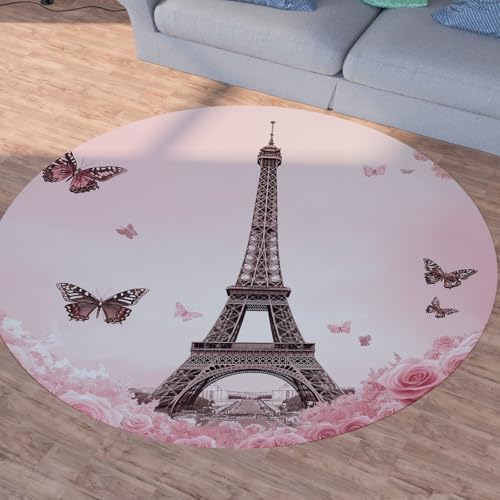 Sshjfeu Eiffelturm Paris Runder Teppiche, Waschbarer Teppich Rund 60cm, Schmetterling Rose Teppich Klein, Kurzflor, rutschfest, Romantisch Blumen Teppiche Schlafzimmer Wohnzimmer, Kinderzimmer von Sshjfeu