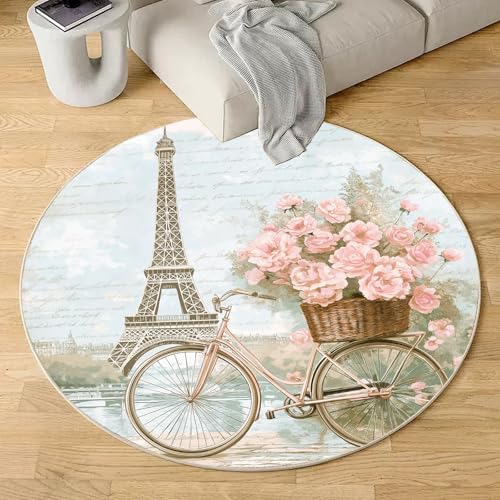 Sshjfeu Eiffelturm Paris Teppich Schlafzimmer, Romantisch Rose Fahrrad Teppich Rund 100cm, Blumenmuster Teppiche Waschbar In Waschmaschine, Kurzflor, rutschfest, Runder Teppiche Sshjfeu Eiffelturm Paris Teppich Schlafzimmer, Romantisch Rose Fahrrad Teppich Rund 100cm, Blumenmuster Teppiche Waschbar In Waschmaschine, Kurzflor, rutschfest, Runder Teppiche von Sshjfeu