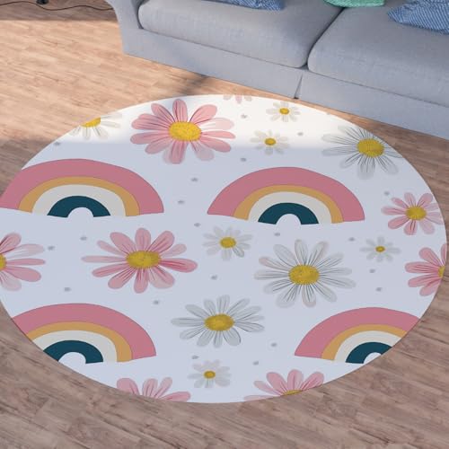 Sshjfeu Einfache Floral Runder Teppiche, Waschbarer Teppich Rund 80cm, Karikatur Regenbogen Teppich Klein, Kurzflor, rutschfest, Einfache Floral Teppiche Schlafzimmer Wohnzimmer, Kinderzimmer von Sshjfeu