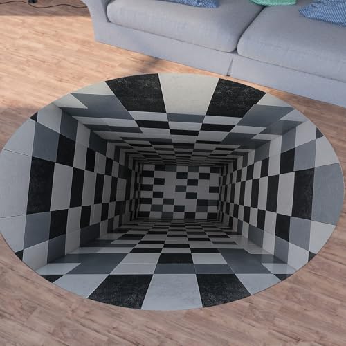 Sshjfeu Geometrie Kariert Runder Teppiche, Waschbarer Teppich Rund 60cm, Schwarz Weiß Gitter Teppich Klein, Kurzflor, rutschfest, Modern Optische Teppiche Schlafzimmer Wohnzimmer, Kinderzimmer von Sshjfeu
