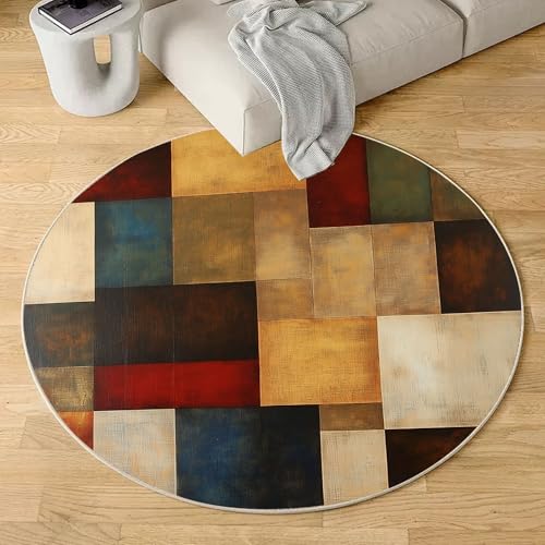 Sshjfeu Geometrie Patchwork Teppich Rund 120cm, Jahrgang Einfache Teppiche rutschfest Runder Kurzflor Waschbar, Modern Plaid Rund Teppiche Weich, Runder Teppich for Wohnzimmer Schlafzimmer von Sshjfeu