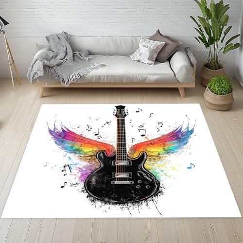 Sshjfeu Gitarre Instrument Fussmatte Aussen Schmutzfangmatte 80x120, Musik Anmerkung Teppiche, Fussmatte Innen Outdoor, Kleiner Teppich Bunt Flügel, Waschbar Kurzflor rutschfest von Sshjfeu