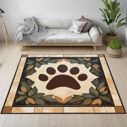 Sshjfeu Großer Teppiche, Süße Pfotenabdruc Teppich Wohnzimmer 200x300, Grüne Blätter Teppich Waschbar rutschfest Kurzflor Weich, Landhausstil Pflanzen Teppiche für Schlafzimmer, Kinderzimmer von Sshjfeu